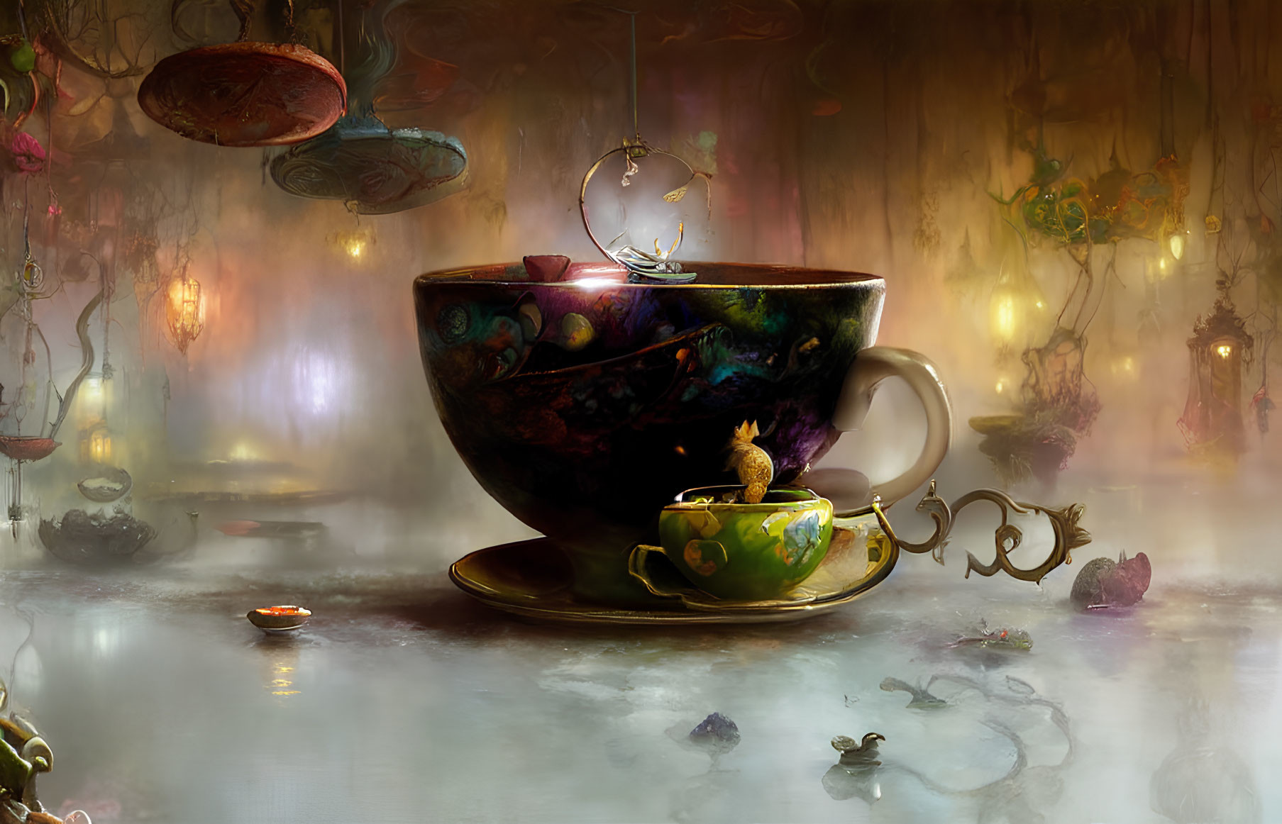 Oversized teacup in enchanted forest with lanterns and tiny creatures