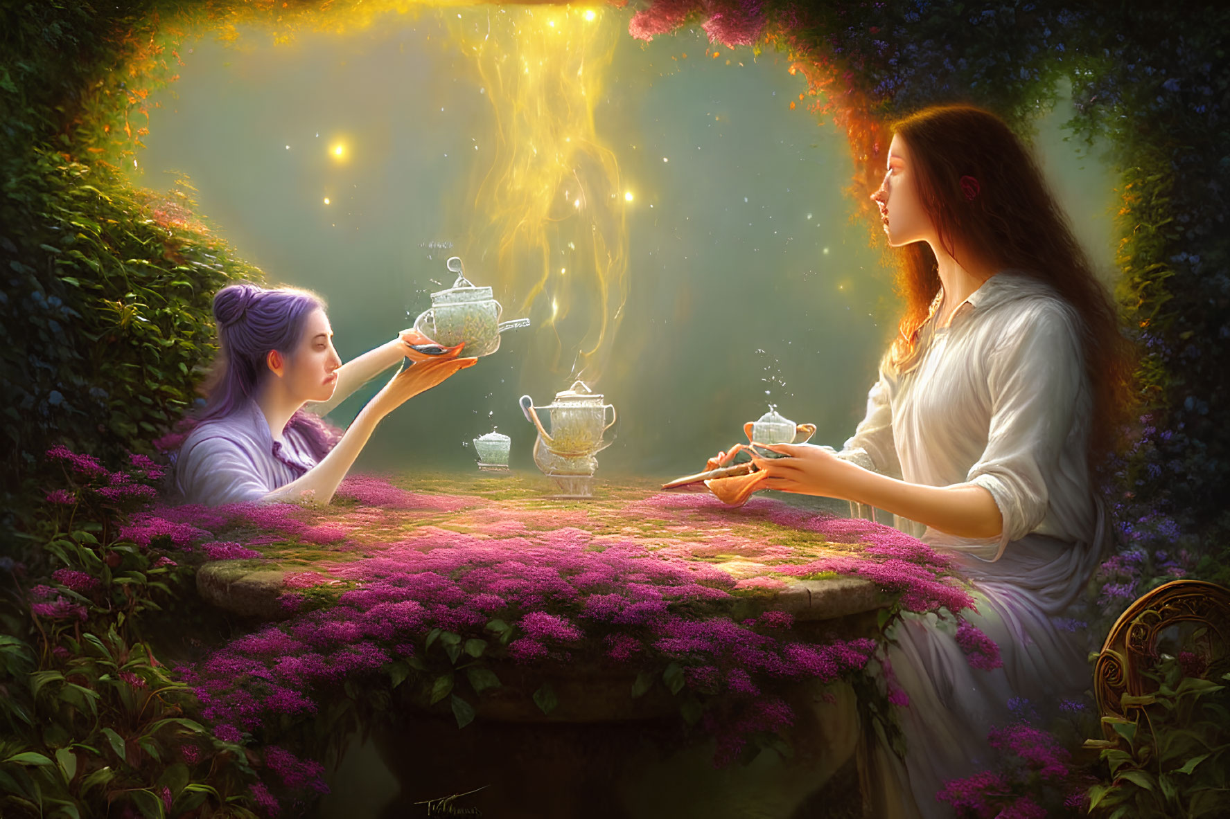 Ethereal women in magical forest pouring glowing tea