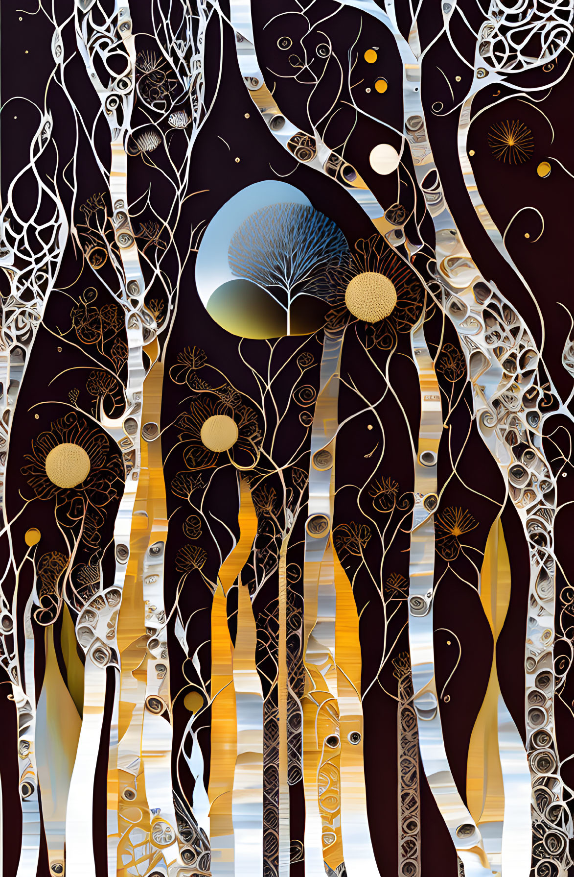 Intricate white and gold forest scene on brown and black background