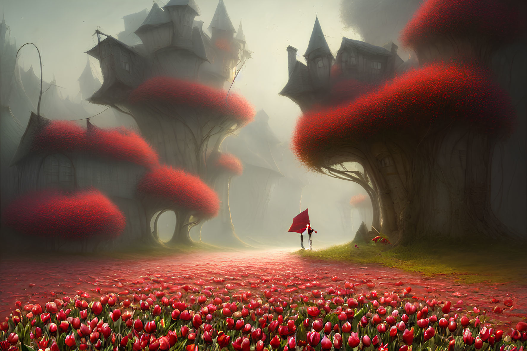 Whimsical scene with mushroom-shaped trees, red foliage, tulips, houses, and figure with