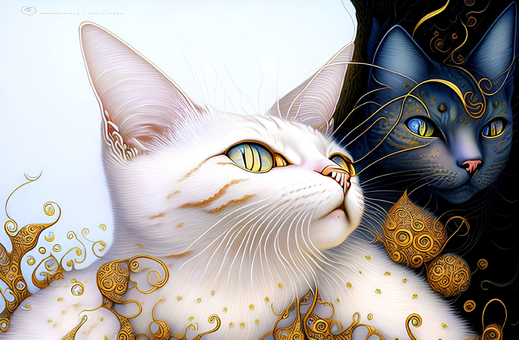 Intricately designed white and black cats with golden embellishments in digital art