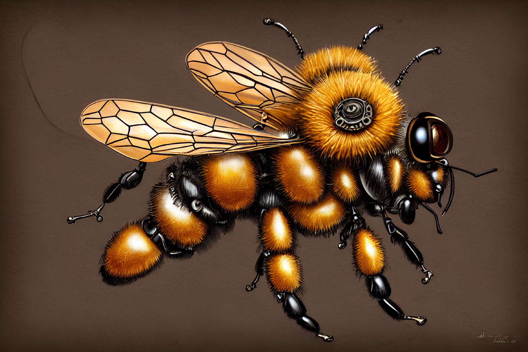 Detailed Stylized Bee Illustration with Transparent Wings on Brown Background