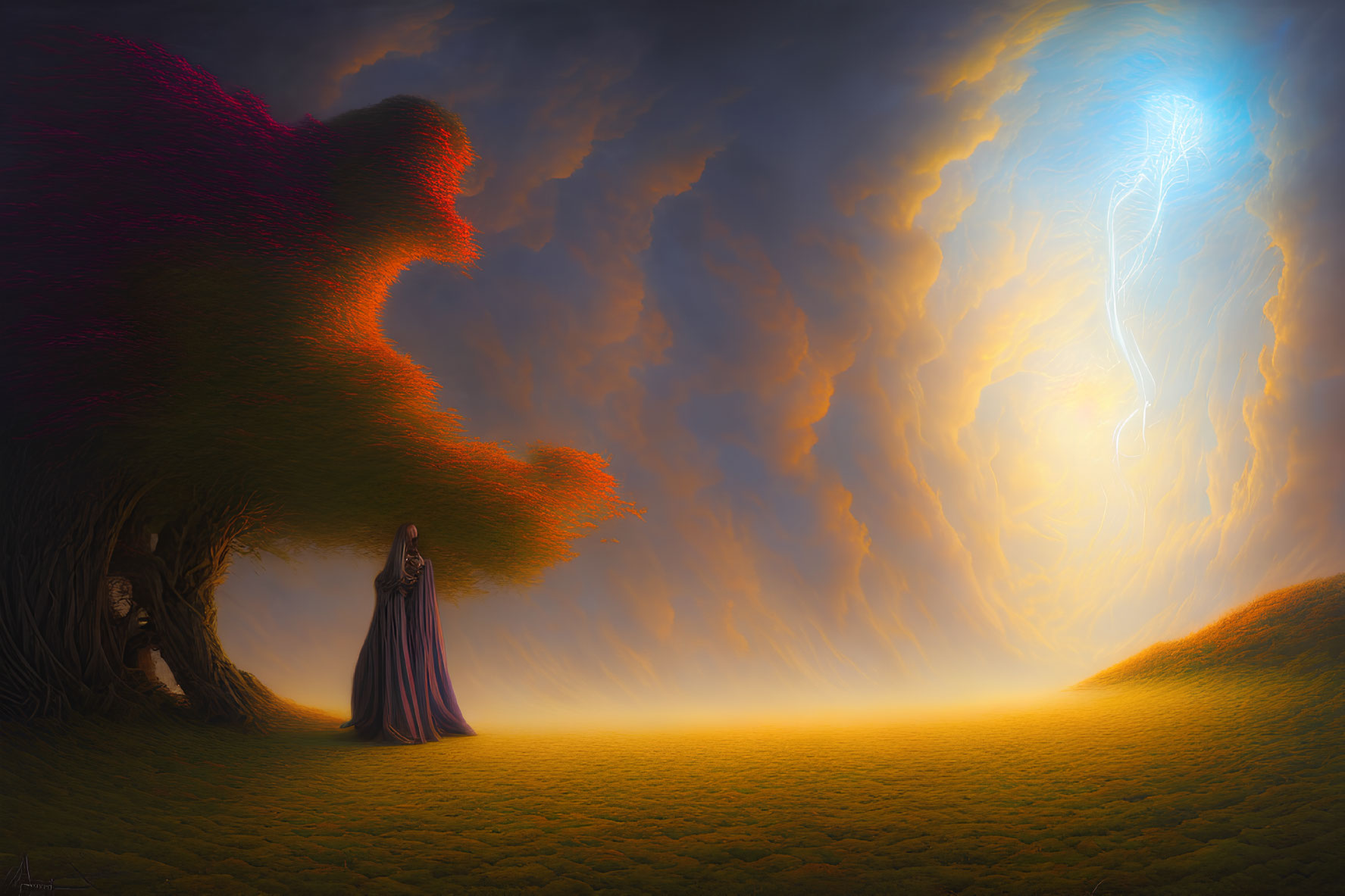 Fantastical landscape with pink tree, figure under hill, and glowing sky figure