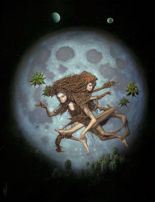 Ethereal figures with tree-like features in moonlit scene