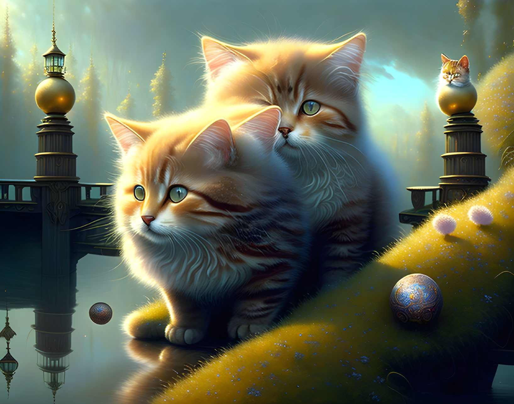 Fluffy tabby kittens near ornate lamps on mossy knoll