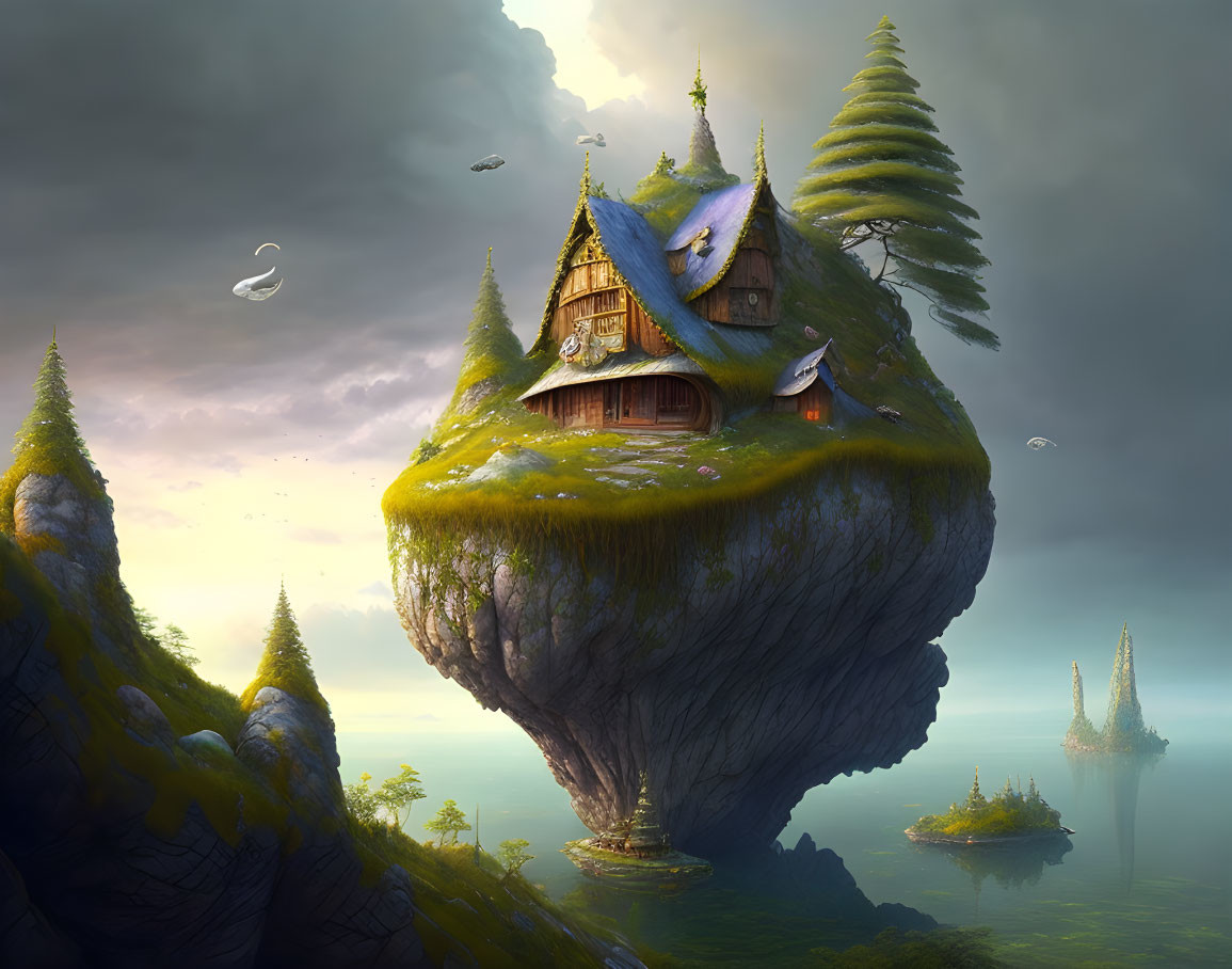 Floating Island with Cottage, Pine Trees, and Birds under Dramatic Sky