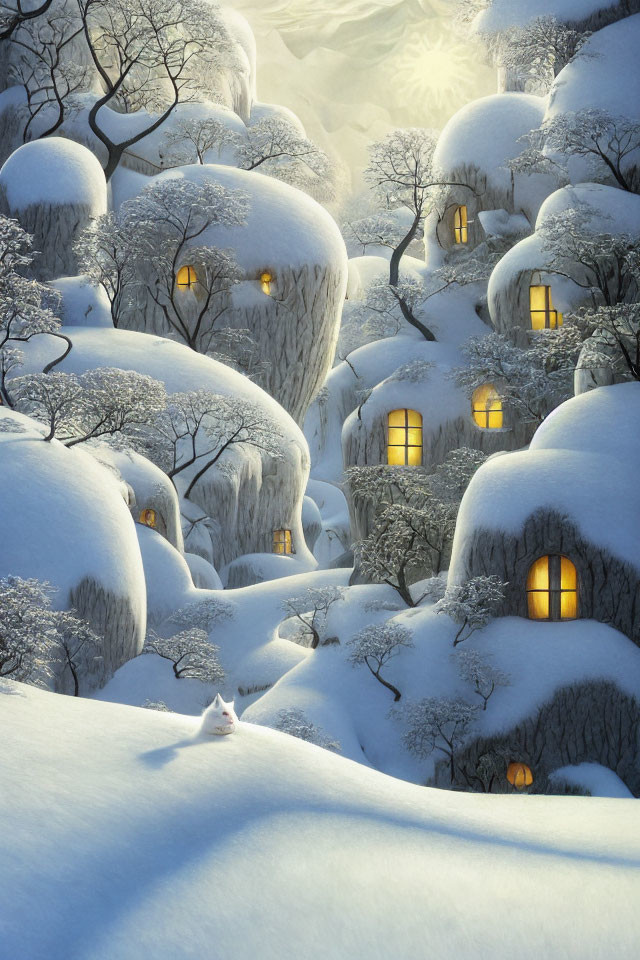 Snow-covered trees and glowing windows in a whimsical winter scene with a white cat.