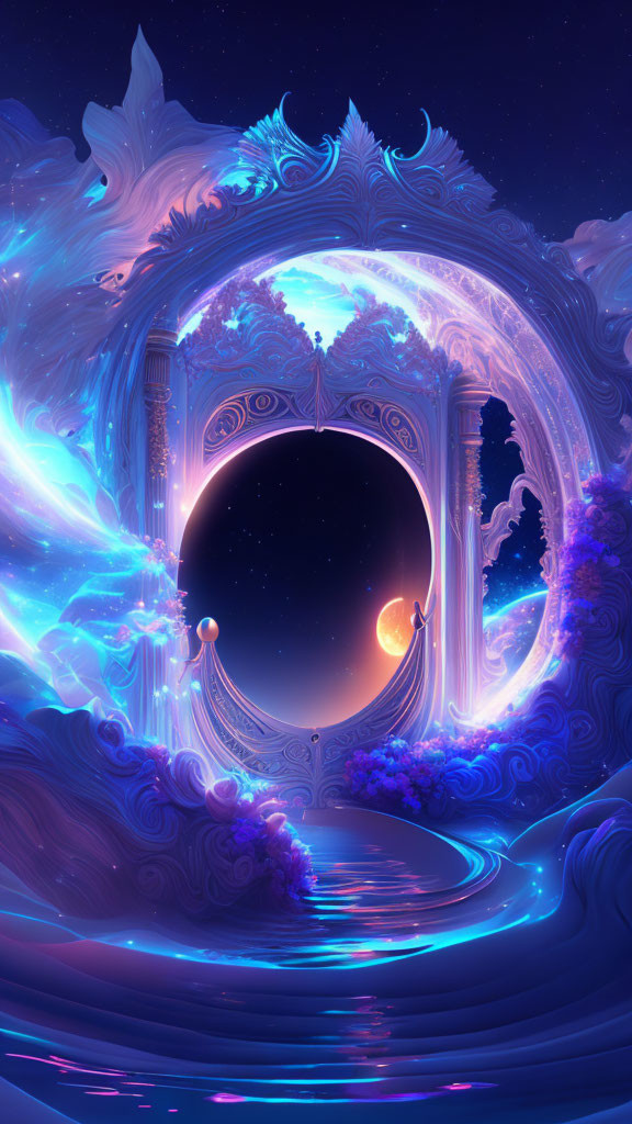 Celestial portal digital artwork with galaxies and moon