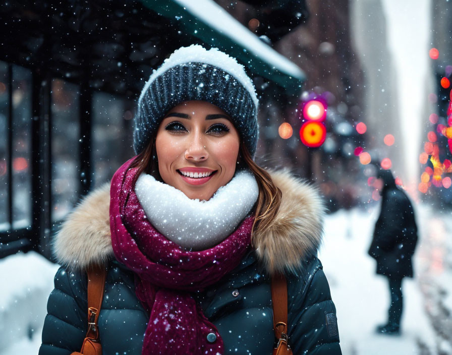 Smiling person in winter attire standing in snow with city lights and falling snowflakes