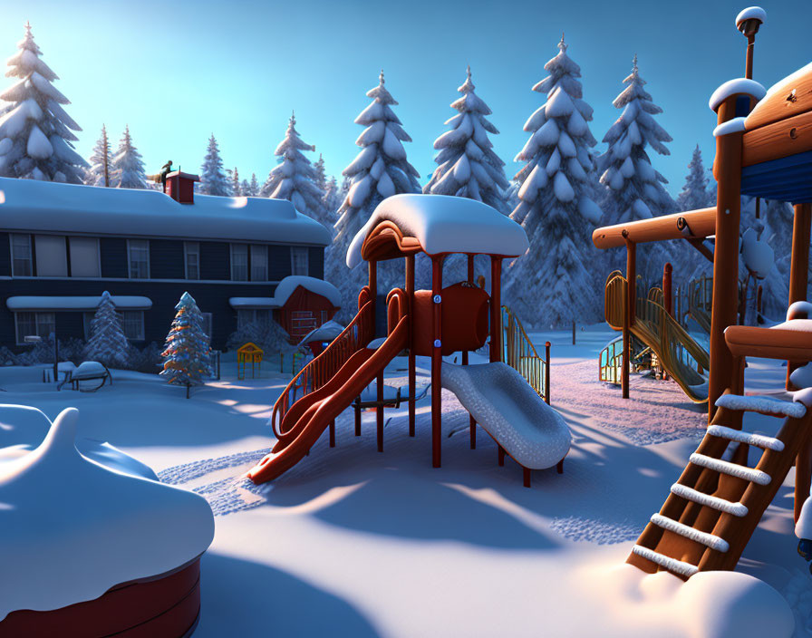 Snowy Dusk Playground with Slide and Winter Landscape