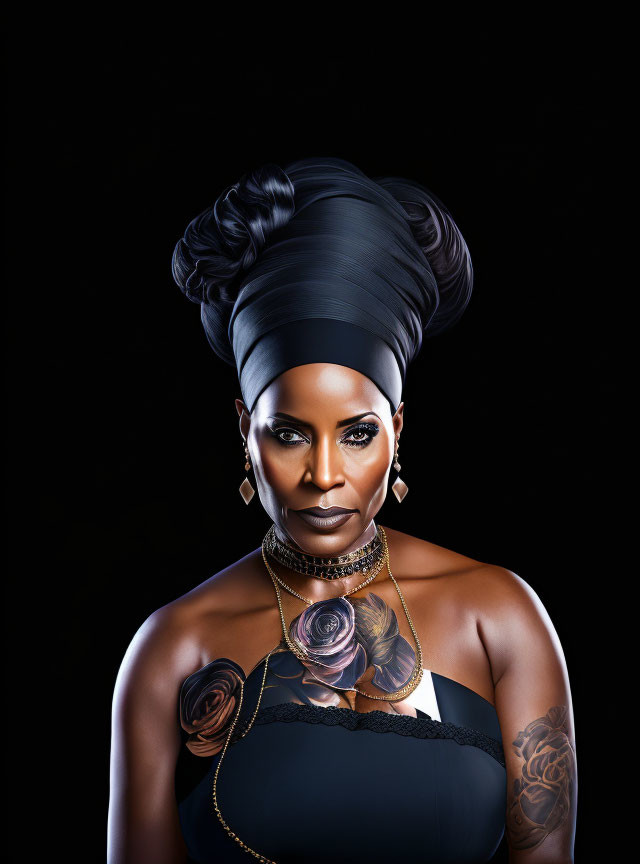 Confident woman with high head wrap, dramatic makeup, rose tattoos on chest and arm