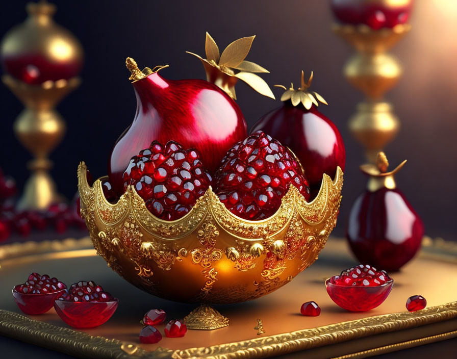 Detailed Still Life: Crowned Pomegranate on Golden Stand