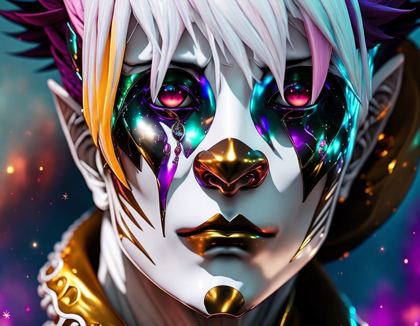 Digital art portrait of androgynous figure with metallic mask and galaxy eyes on cosmic backdrop