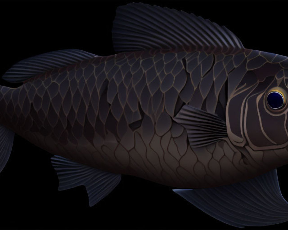 Detailed Dark Scaled Fish Illustration on Black Background