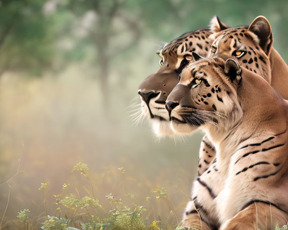 Two Tigers Sitting in Serene Forest Setting