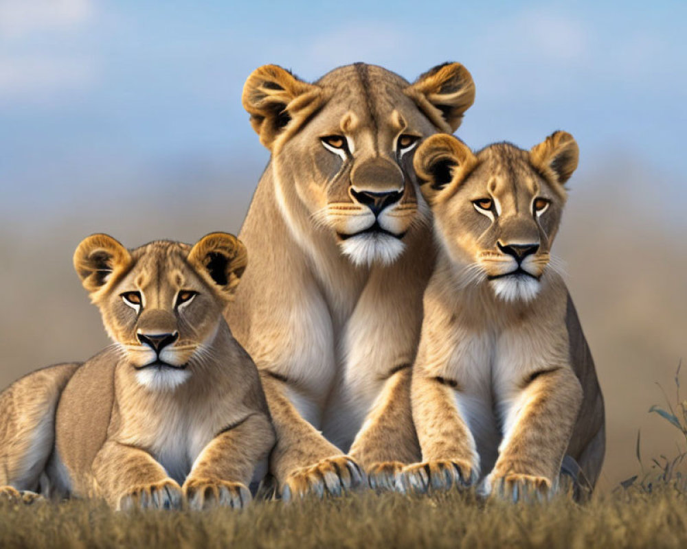 Three lions displaying calm power and familial bonds in serene backdrop.