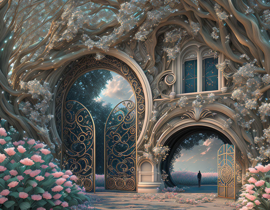 Mystical arched doorway in a starry sky with lone figure