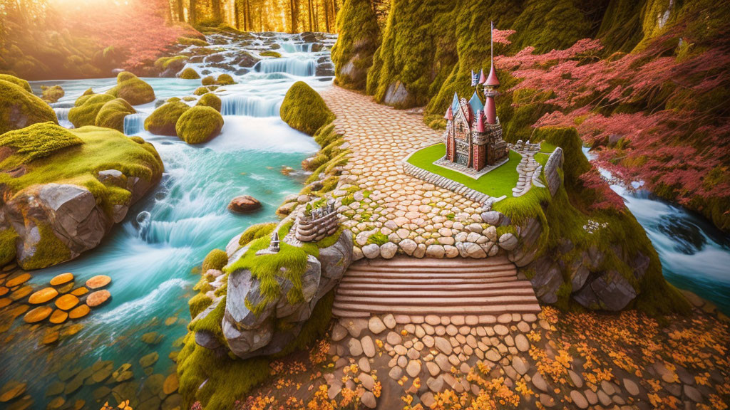 Fantasy landscape with stream, rocks, path, castle, autumn trees