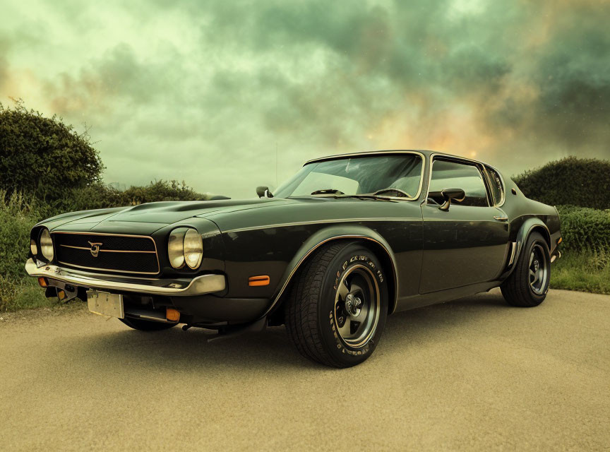 Vintage Black Muscle Car with Iconic Front Grill on Road under Cloudy Sky