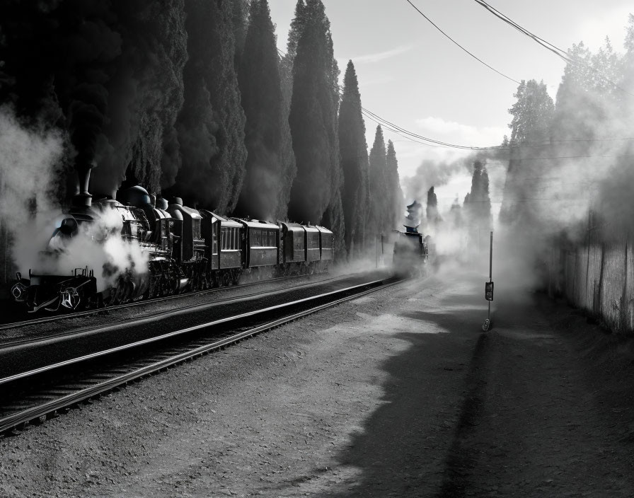 Vintage steam train chugging on tracks beside tree-lined road