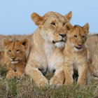 Three lions displaying calm power and familial bonds in serene backdrop.