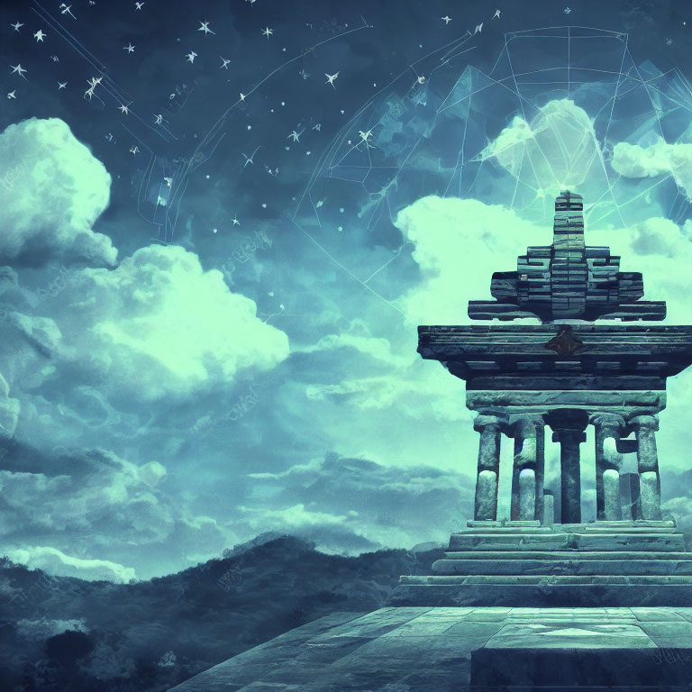 Stone temple under mystical starry sky with constellations and bright comet.