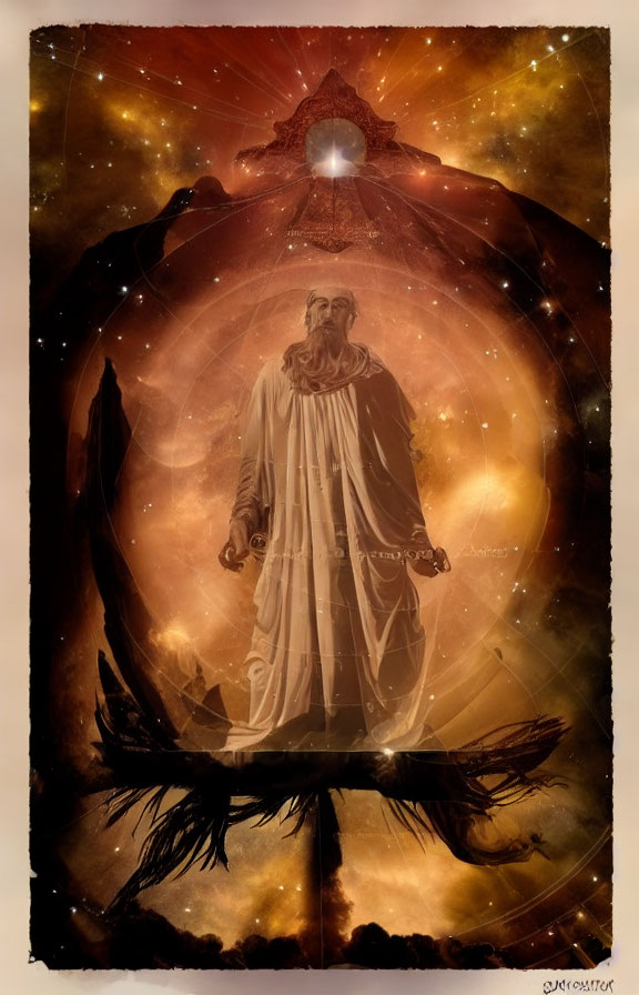 Mystical artwork of robed figure on cosmic platform