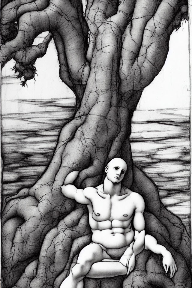 Surreal illustration: nude figure by gnarled tree