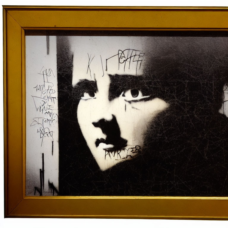 Black and White Stencil Artwork with Graffiti-Style Writing in Golden Frame