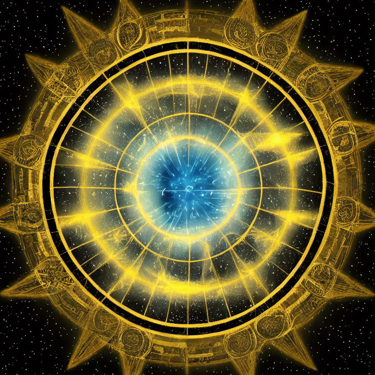 Intricate golden patterns on cosmic portal with glowing blue center