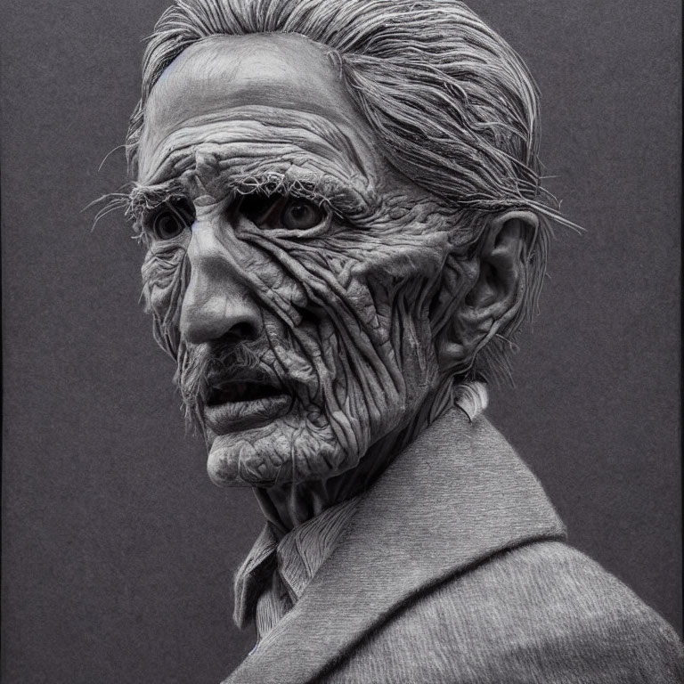 Detailed Black and White Sculpture of Elderly Person with Deep Wrinkles