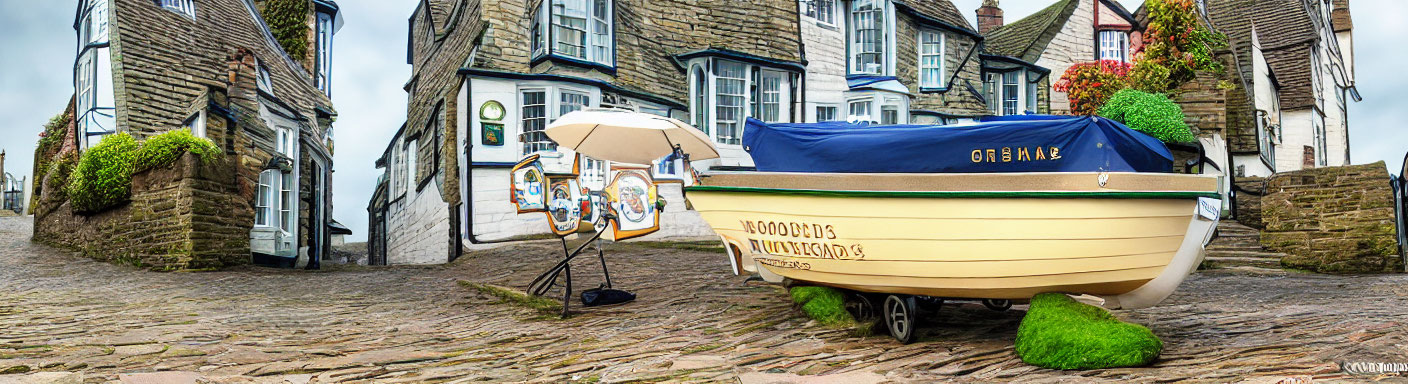 Picturesque cobbled street with yellow boat, colorful parasol, and blue-trimmed houses.