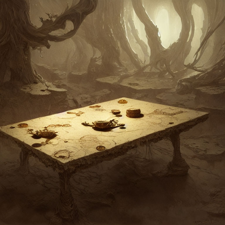 Mystical forest scene with eerie trees and illuminated stone table.