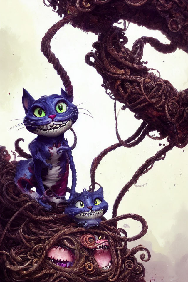 Three Cheshire Cats with mischievous grins on twisted branches, top cat's tail merges with