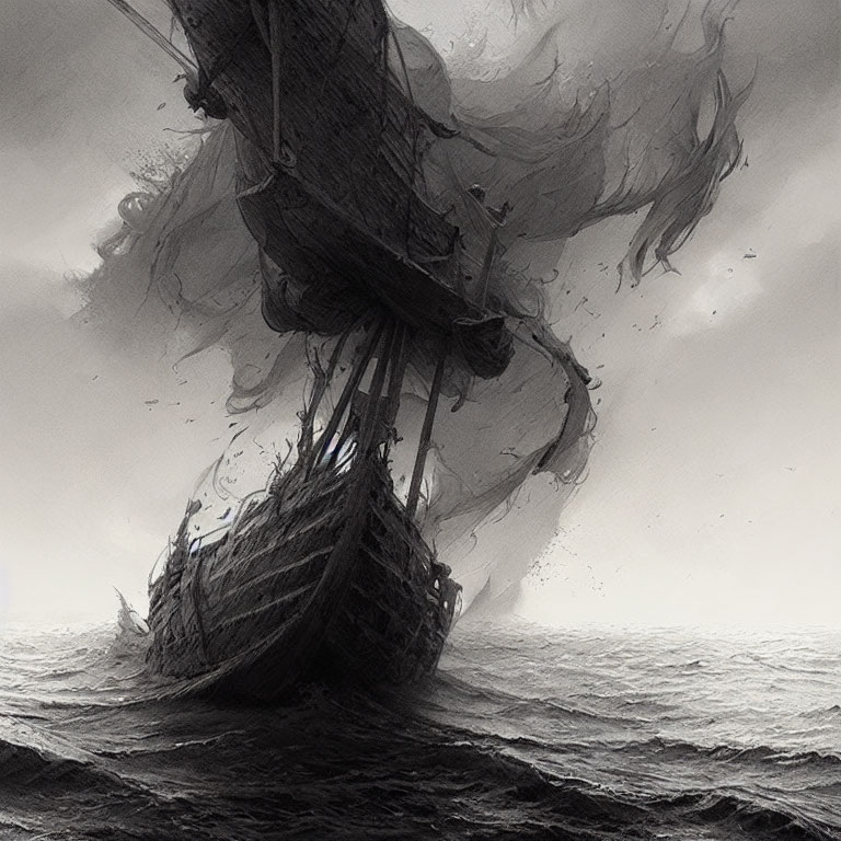 Ghostly Ship with Tattered Sails in Misty Sea & Dark Sky