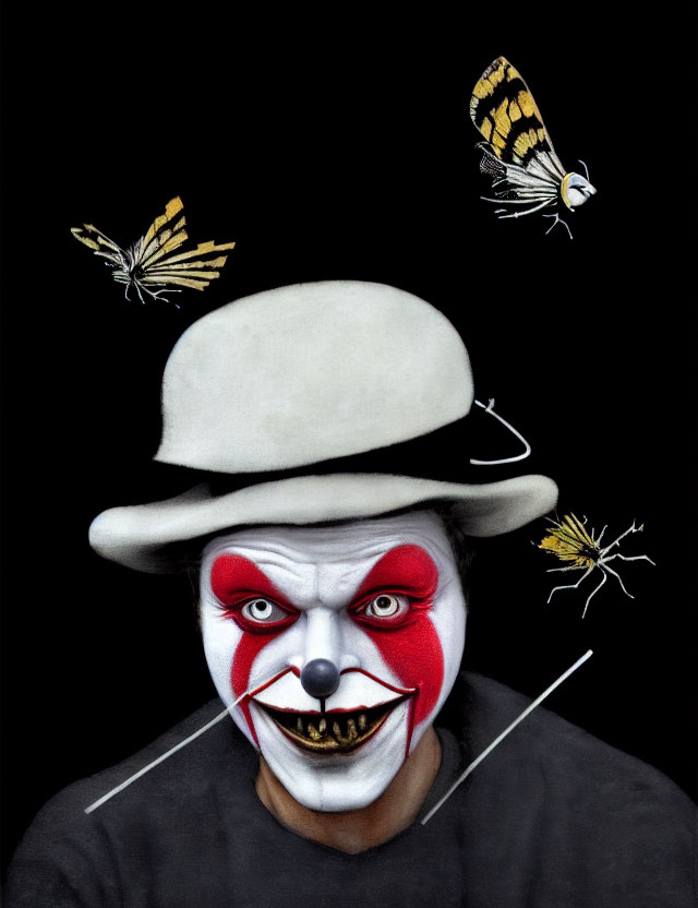 Person with White Face Paint and Bowler Hat Surrounded by Flying Butterflies