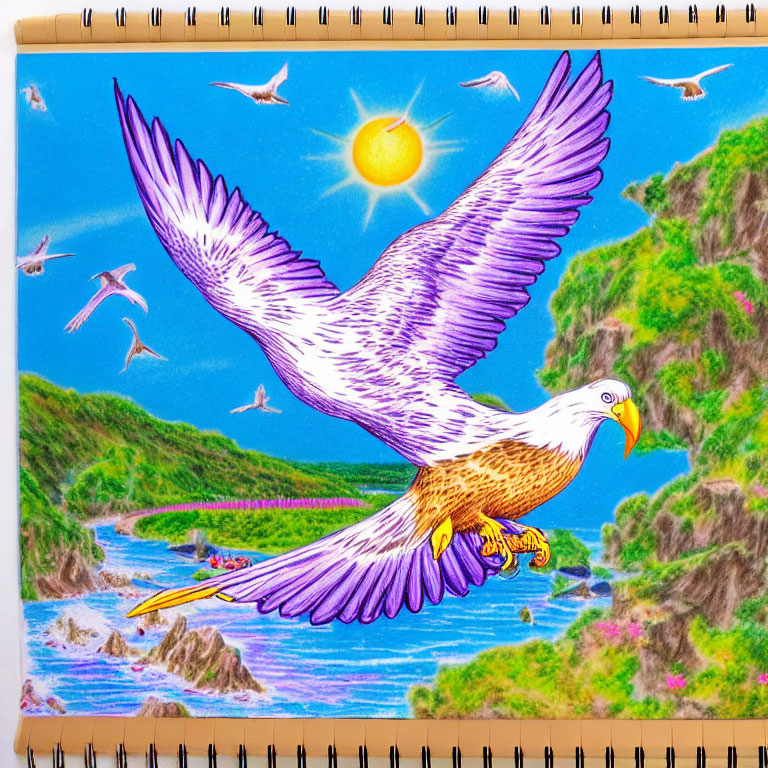 Detailed drawing of eagle in flight with sun, birds, river, and green landscape