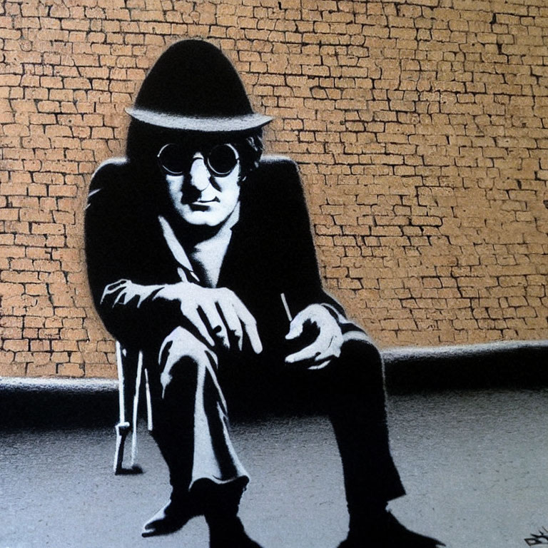 Monochrome graffiti of person in sunglasses and fedora on chair against brick wall