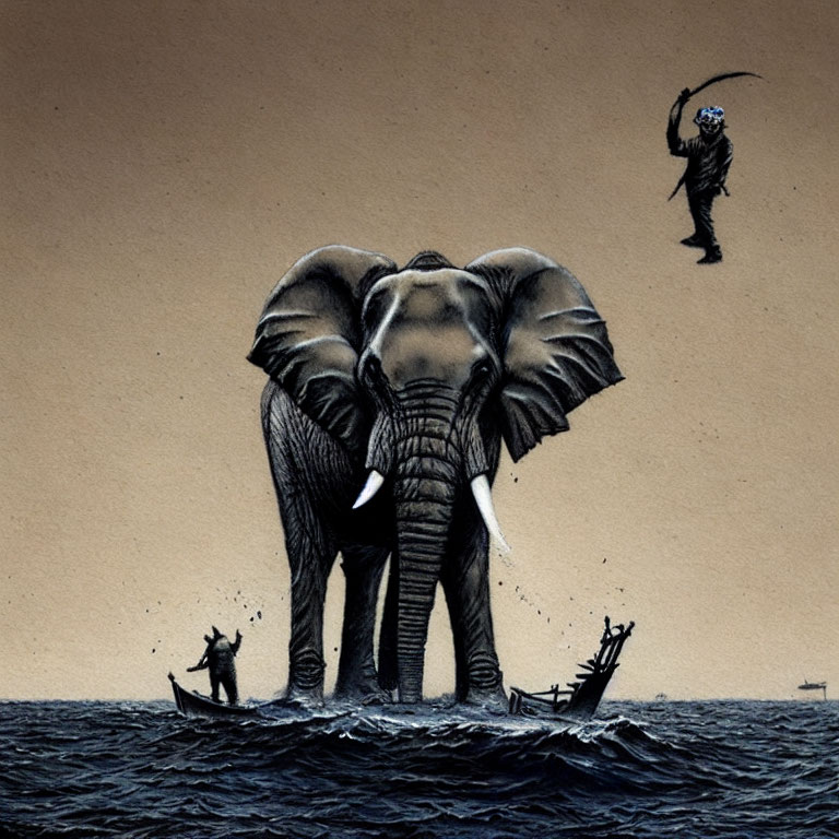 Elephant standing in water with small boat and figure holding umbrella.