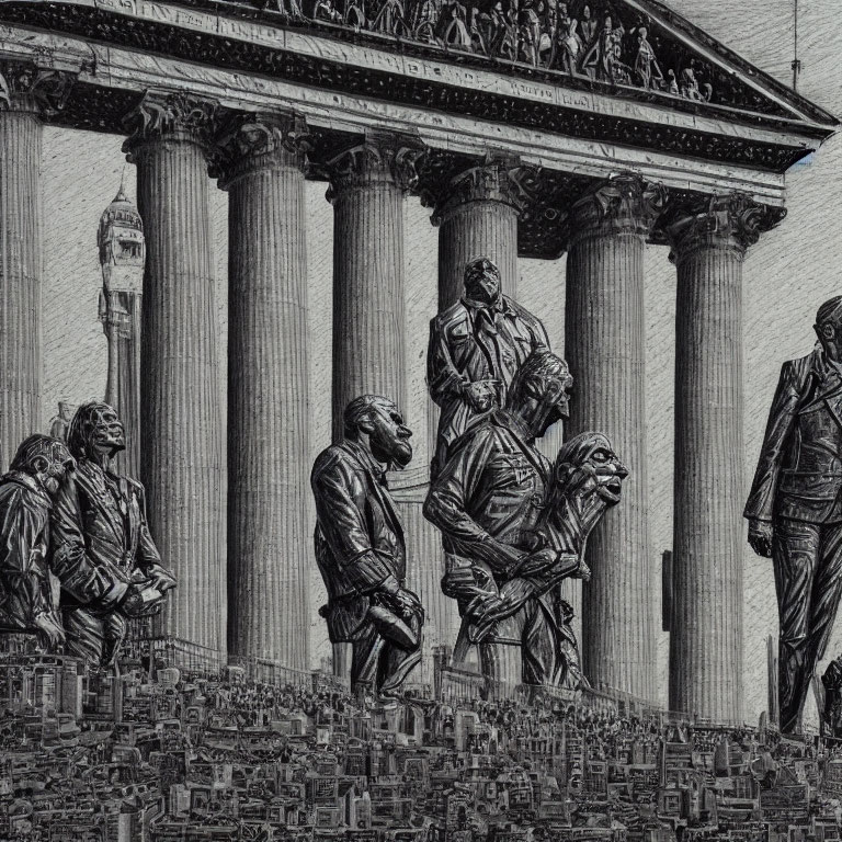 Monochrome artwork: Colossal statues and classical columns in miniature cityscape