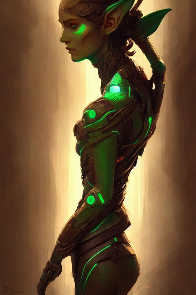 Futuristic elf in green-lit armor on warm background