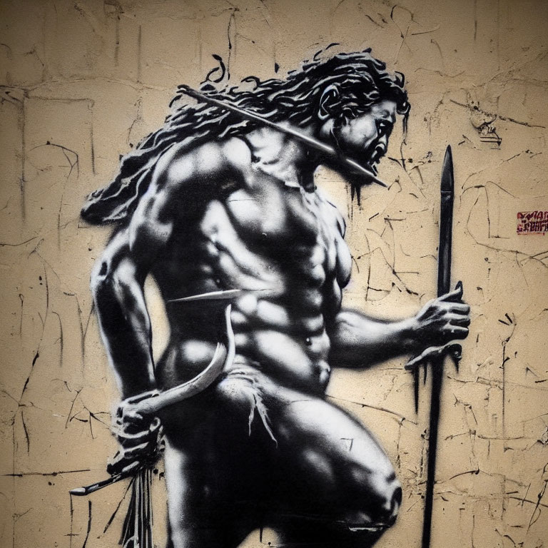 Monochromatic graffiti of muscular figure with spear on textured wall