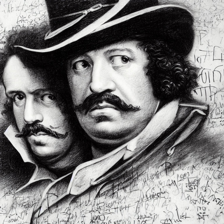 Detailed pencil sketch of two men with hats and mustaches, intricate shading and cursive script background.