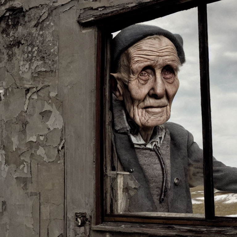 Weathered face and gray hat of elderly person looking through broken window in dilapidated building with over