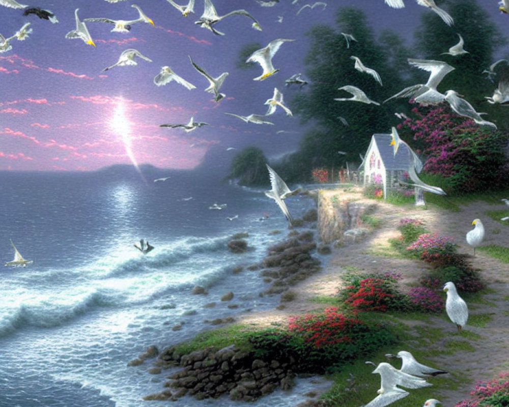 Tranquil coastal dusk with house, flowers, seagulls, calm sea