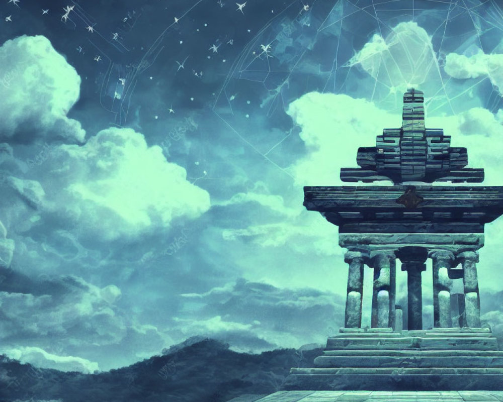 Stone temple under mystical starry sky with constellations and bright comet.