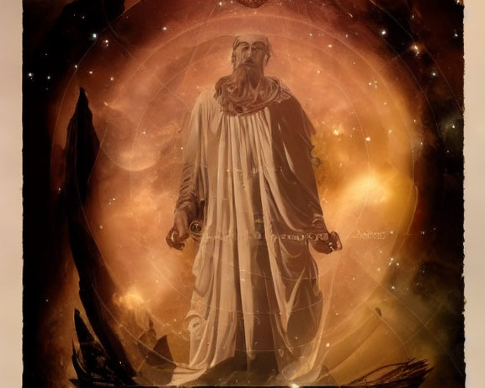 Mystical artwork of robed figure on cosmic platform