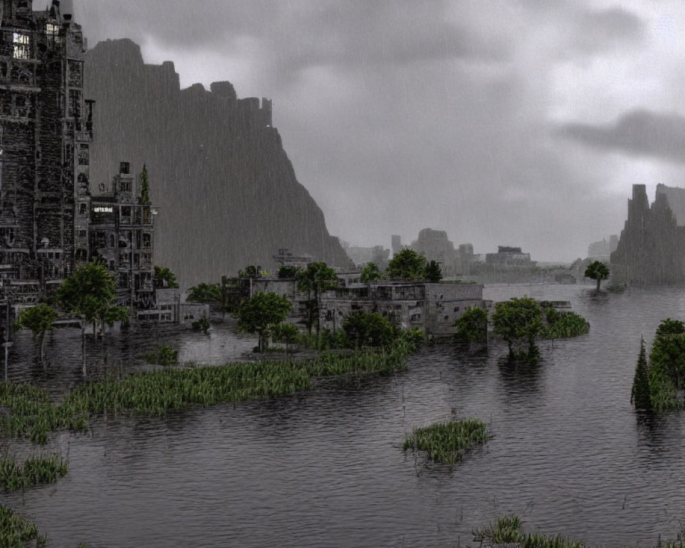 Flooded urban landscape during heavy rain