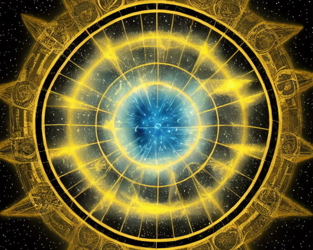 Intricate golden patterns on cosmic portal with glowing blue center