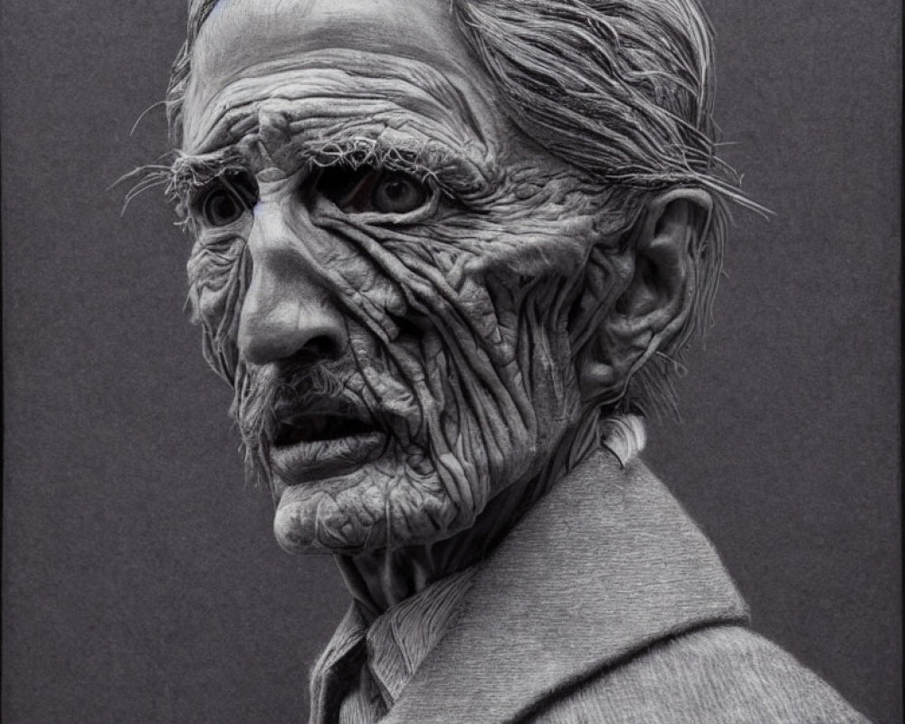 Detailed Black and White Sculpture of Elderly Person with Deep Wrinkles